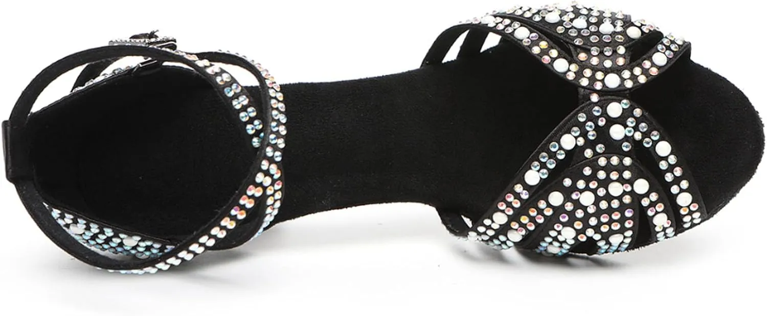 SWDZM Latin Dance Shoes for Women Rhinestone Ballroom Comfortable Salsa Practice Dancing Shoes
