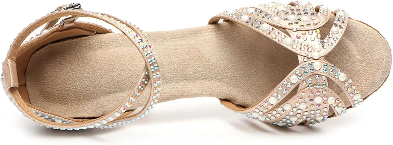 SWDZM Latin Dance Shoes for Women Rhinestone Ballroom Comfortable Salsa Practice Dancing Shoes