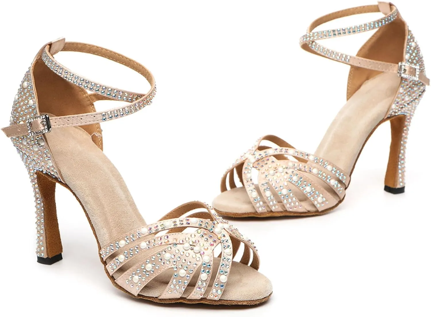 SWDZM Latin Dance Shoes for Women Rhinestone Ballroom Comfortable Salsa Practice Dancing Shoes