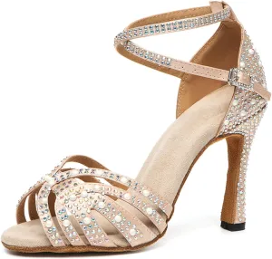 SWDZM Latin Dance Shoes for Women Rhinestone Ballroom Comfortable Salsa Practice Dancing Shoes