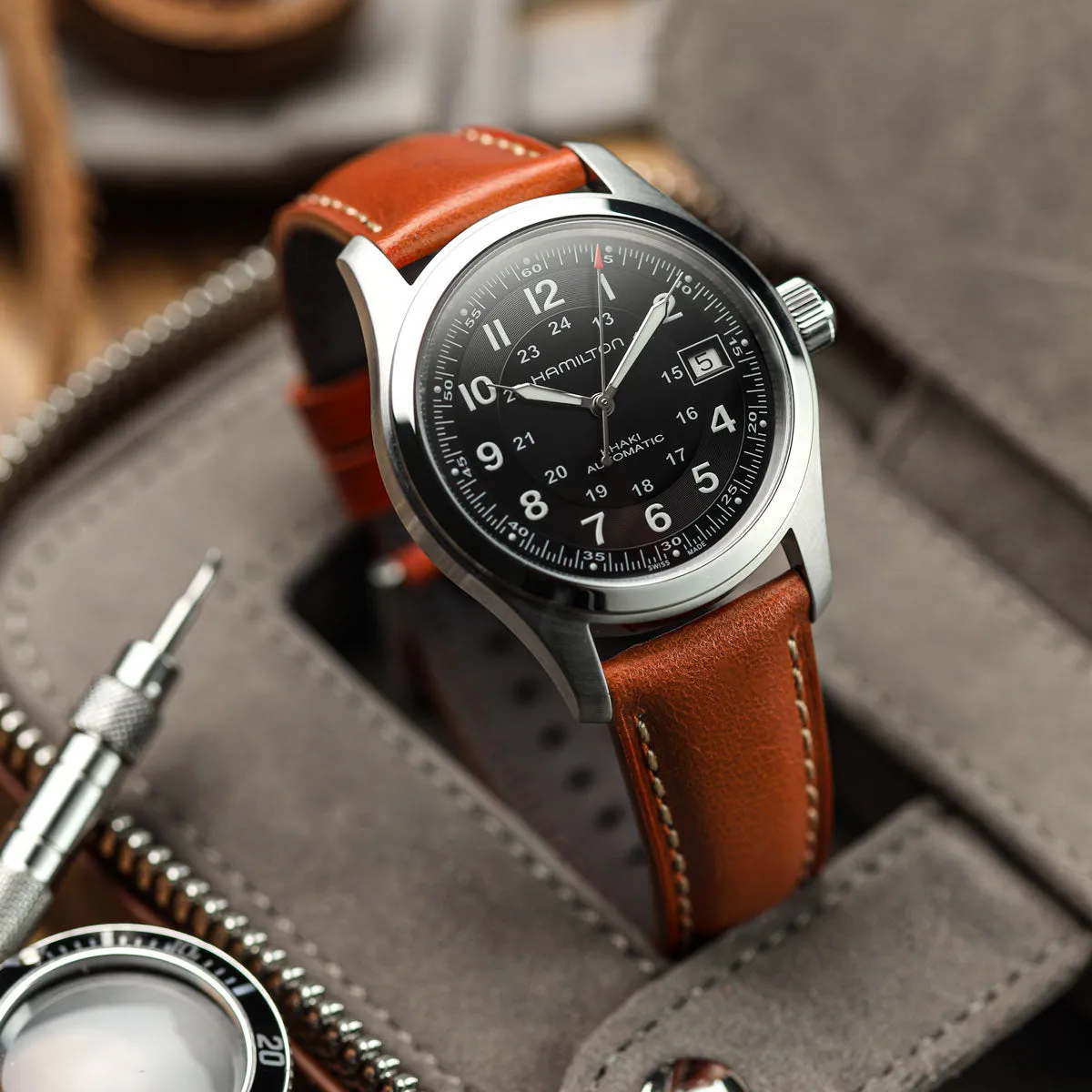 Tenby Classic Padded Genuine Leather Watch Strap  - Chestnut / Chestnut