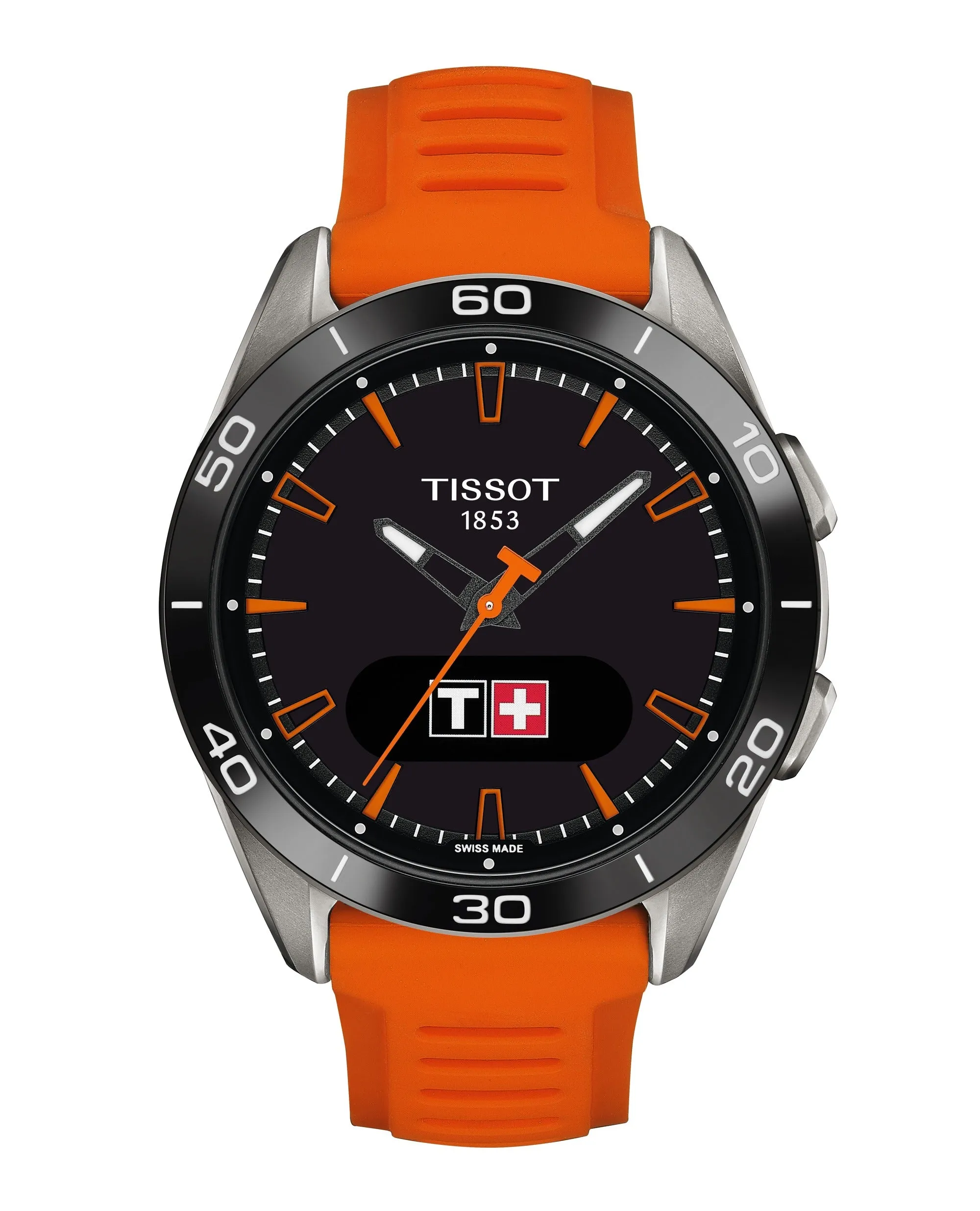 Tissot 44m T-Touch Sports Solar Smart Watch with an Orange Rubber Strap