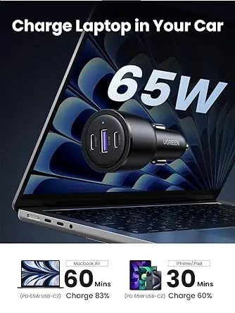 UGREEN 20467 USB C Car Charger Fast Charging 69W - Type C Car Phone Charger PD 45W/20W, Car Charger Adapter SCP 22.5W QC 18W Comaptible with iPhone 13/12/11/iPad/MackBook, Pixel 5/4a, Galaxy S21/S20(Black)