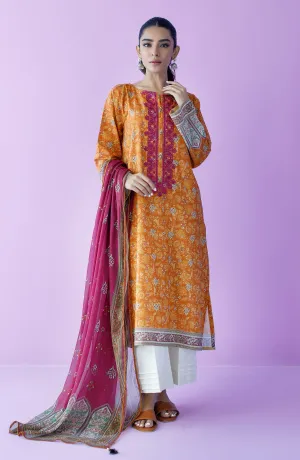 Unstitched 2 Piece Embroidered Lawn Shirt and Bimber Chiffon Dupatta (NRDS-23-069/U ORANGE)