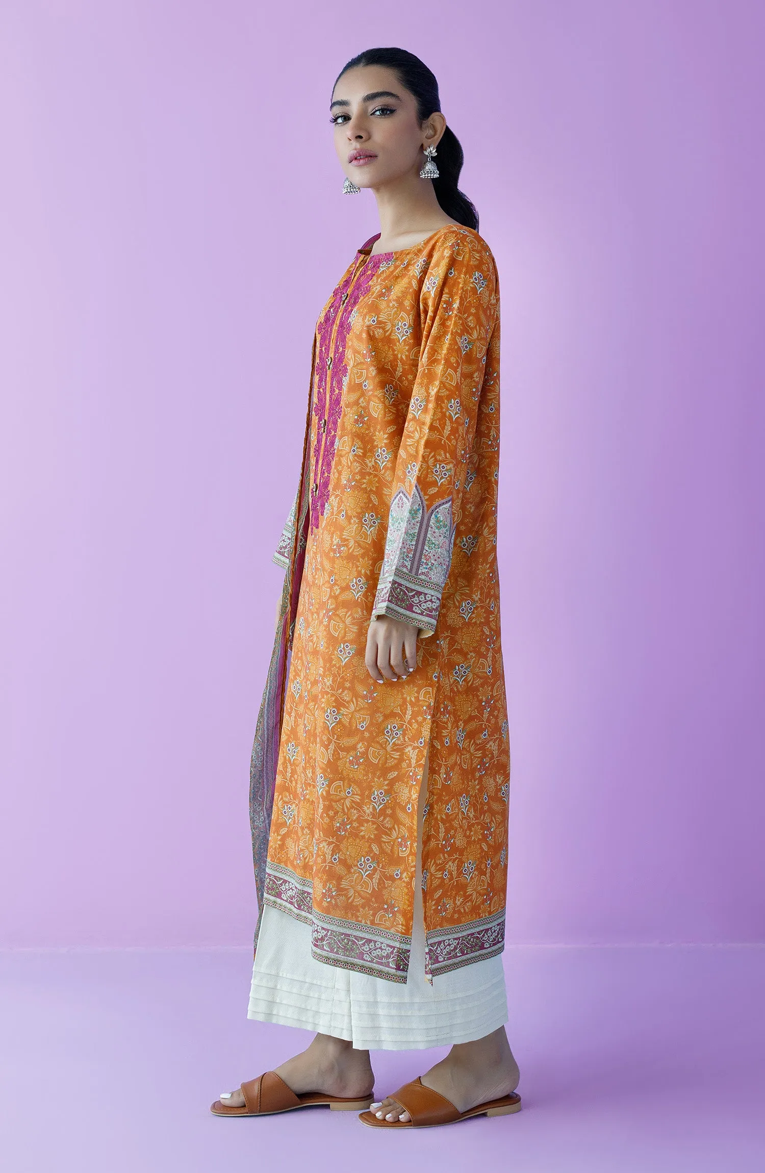 Unstitched 2 Piece Embroidered Lawn Shirt and Bimber Chiffon Dupatta (NRDS-23-069/U ORANGE)