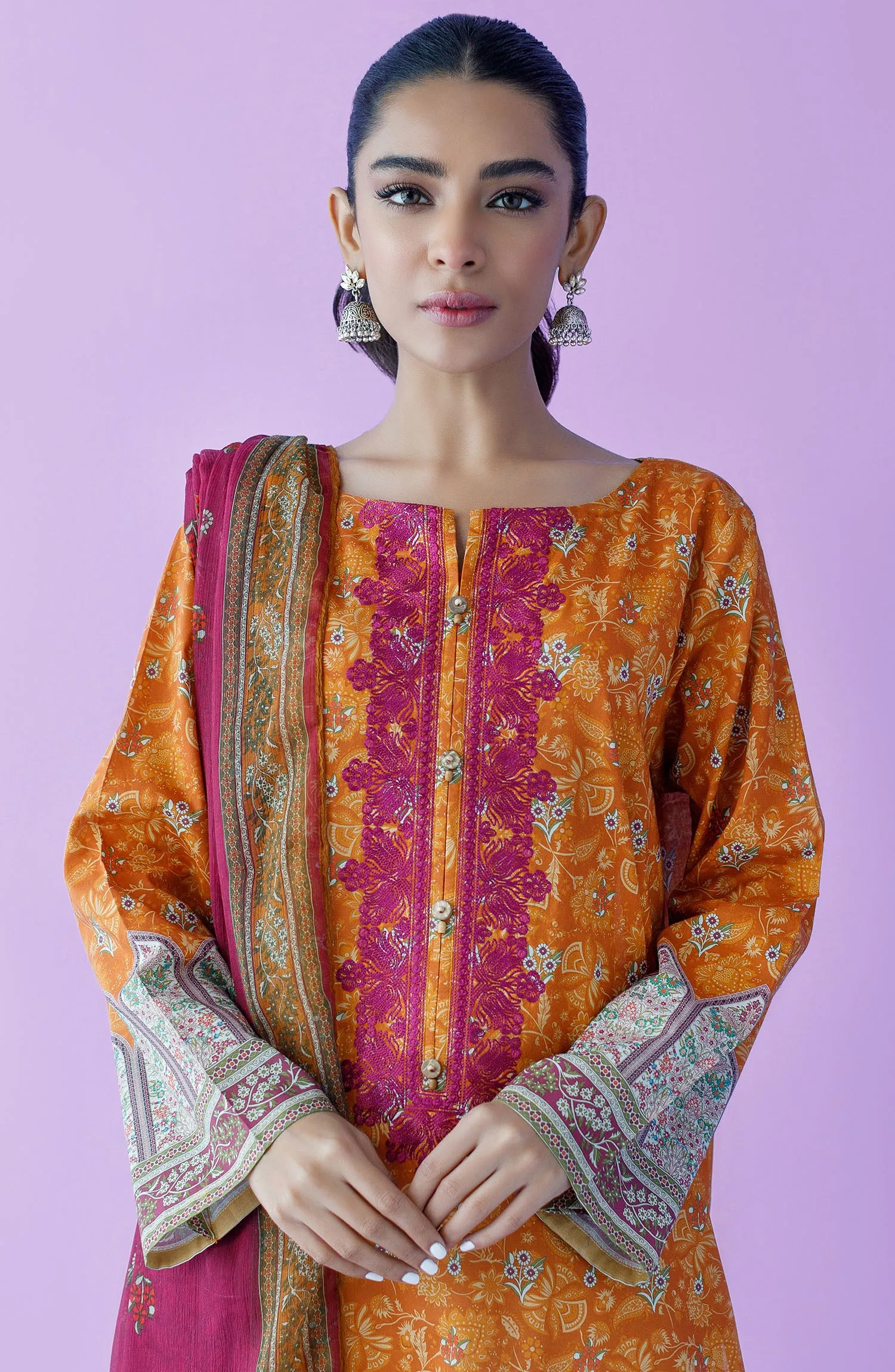 Unstitched 2 Piece Embroidered Lawn Shirt and Bimber Chiffon Dupatta (NRDS-23-069/U ORANGE)