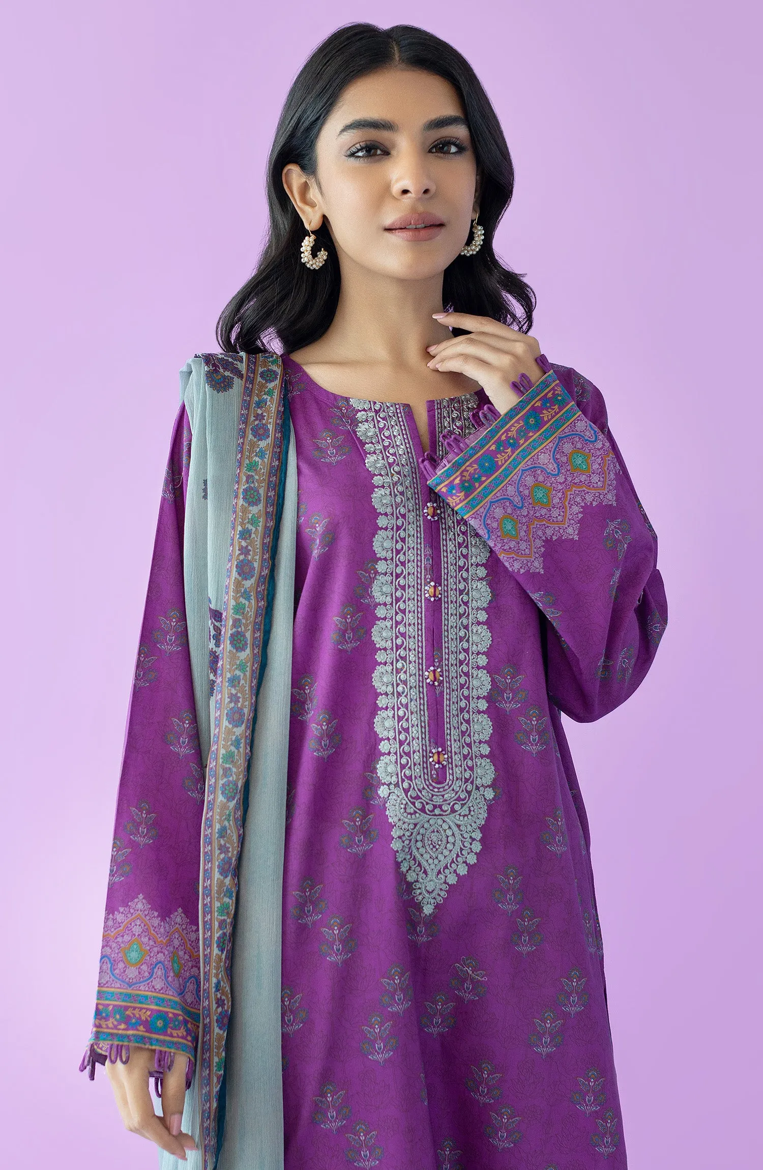 Unstitched 2 Piece Embroidered Lawn Shirt and Chiffon Dupatta (NRDS-23-067/U PURPLE)