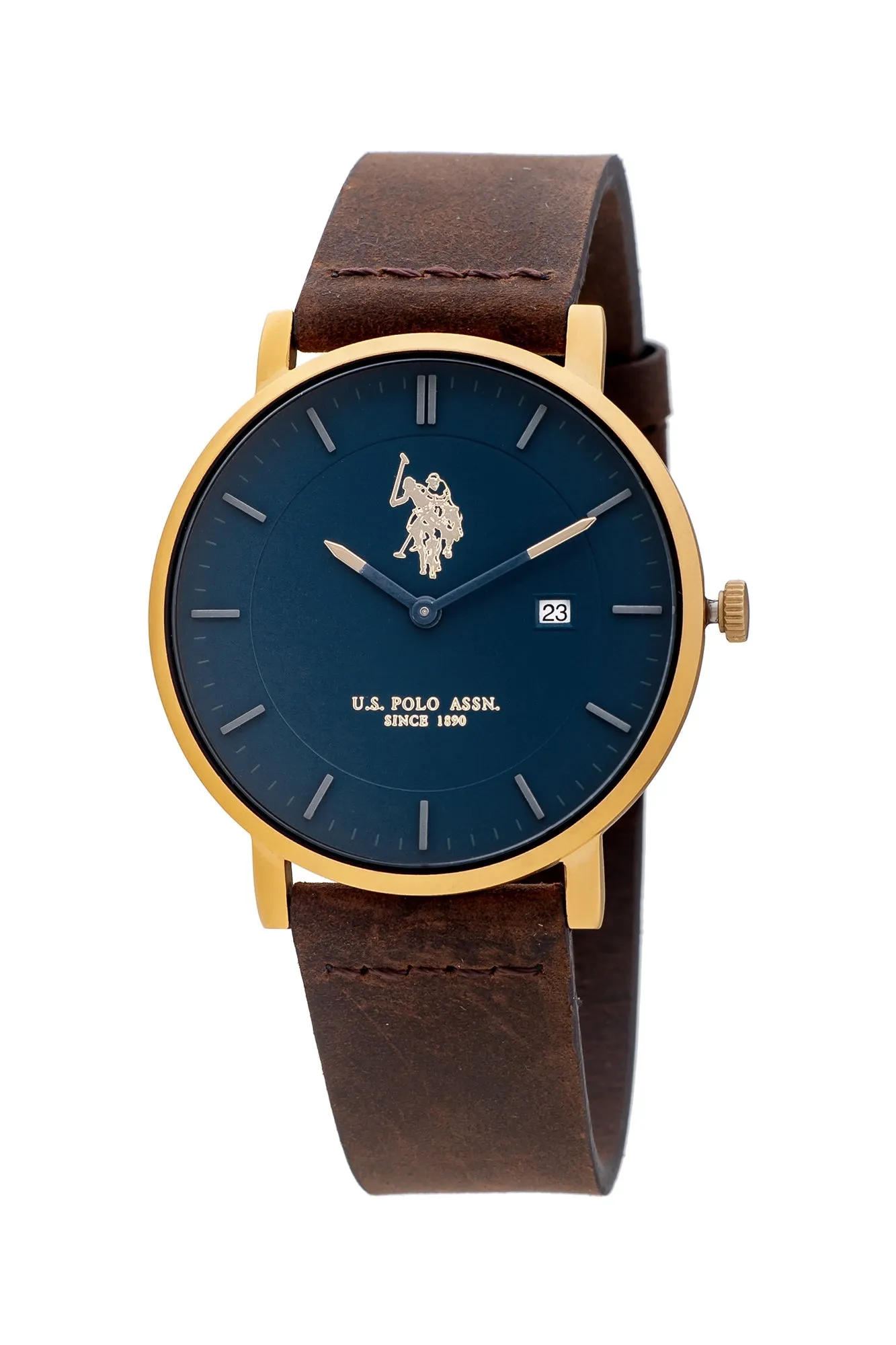 US POLO ASSN. MEN'S  BLACK LEATHER STRAP WITH STAINLESS STEEL BUCKLE