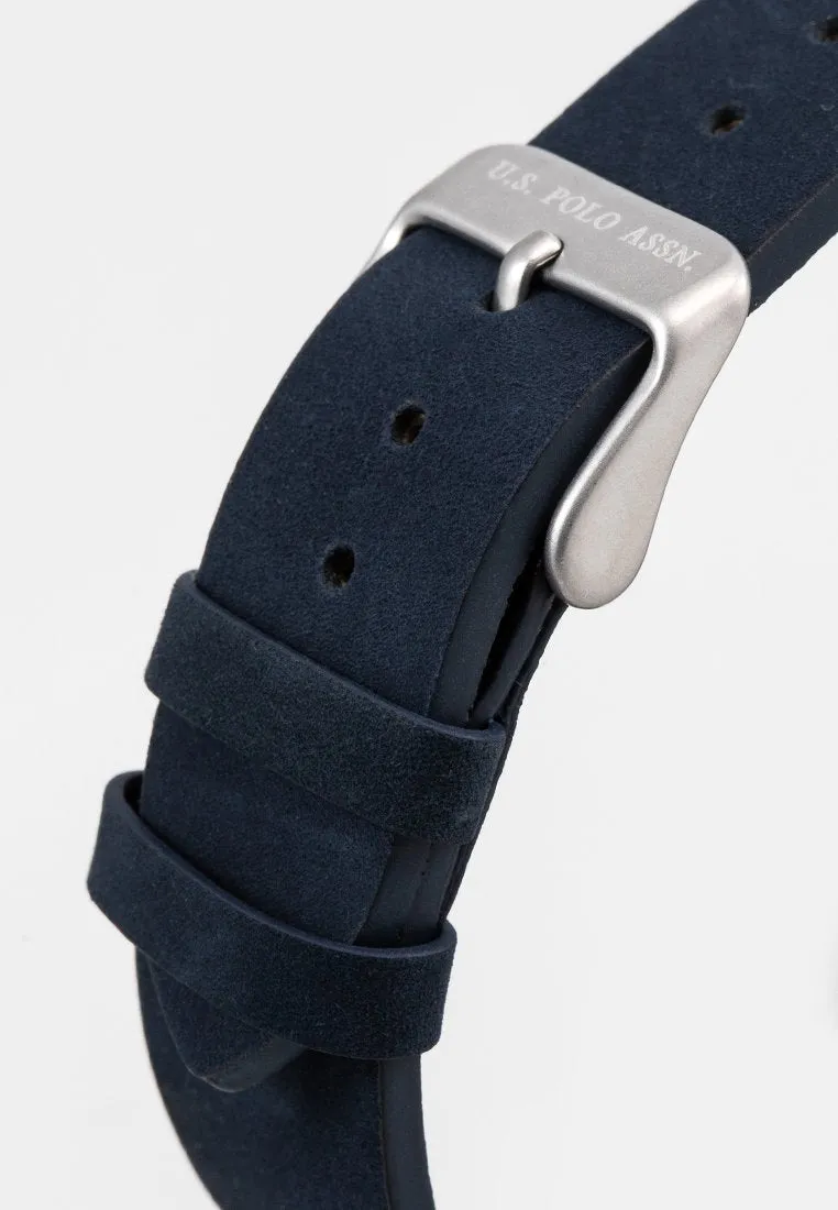 US POLO ASSN. MEN'S  BLACK LEATHER STRAP WITH STAINLESS STEEL BUCKLE