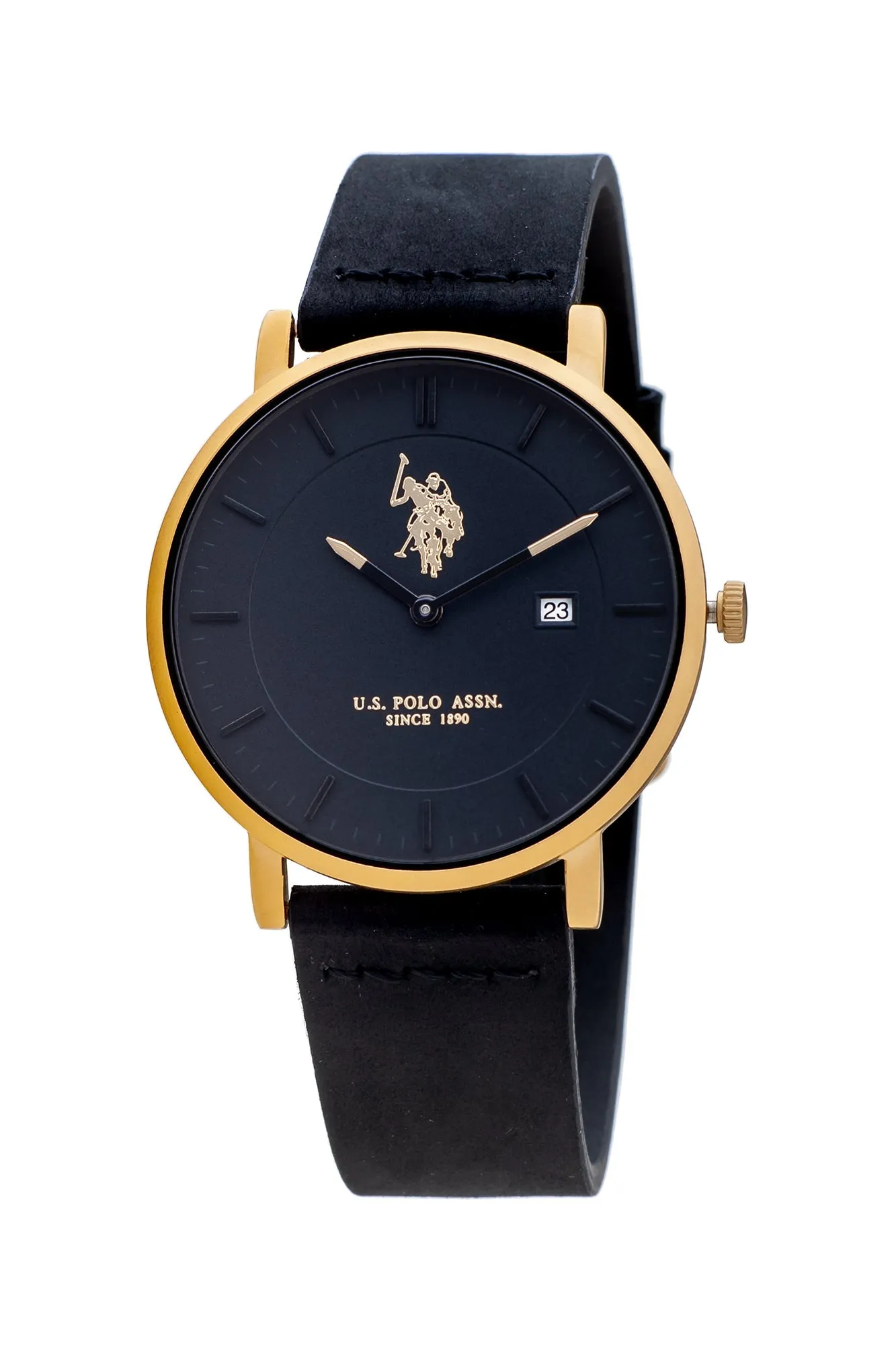 US POLO ASSN. MEN'S  BLACK LEATHER STRAP WITH STAINLESS STEEL BUCKLE