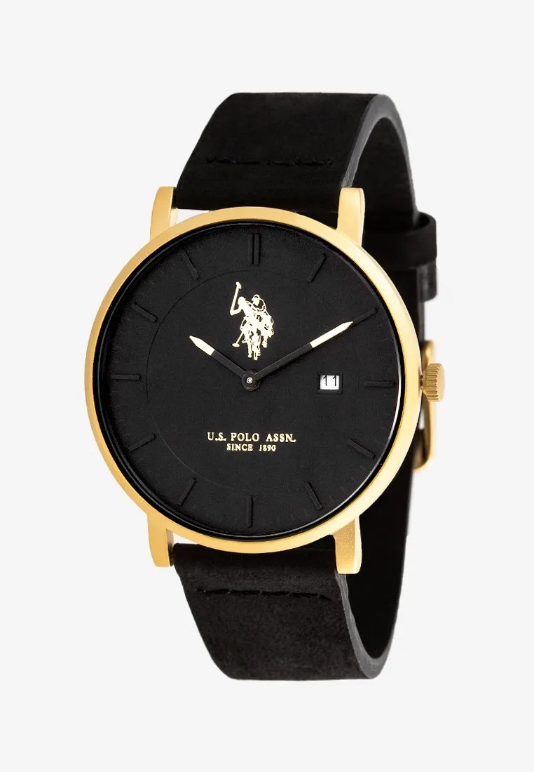 US POLO ASSN. MEN'S  BLACK LEATHER STRAP WITH STAINLESS STEEL BUCKLE