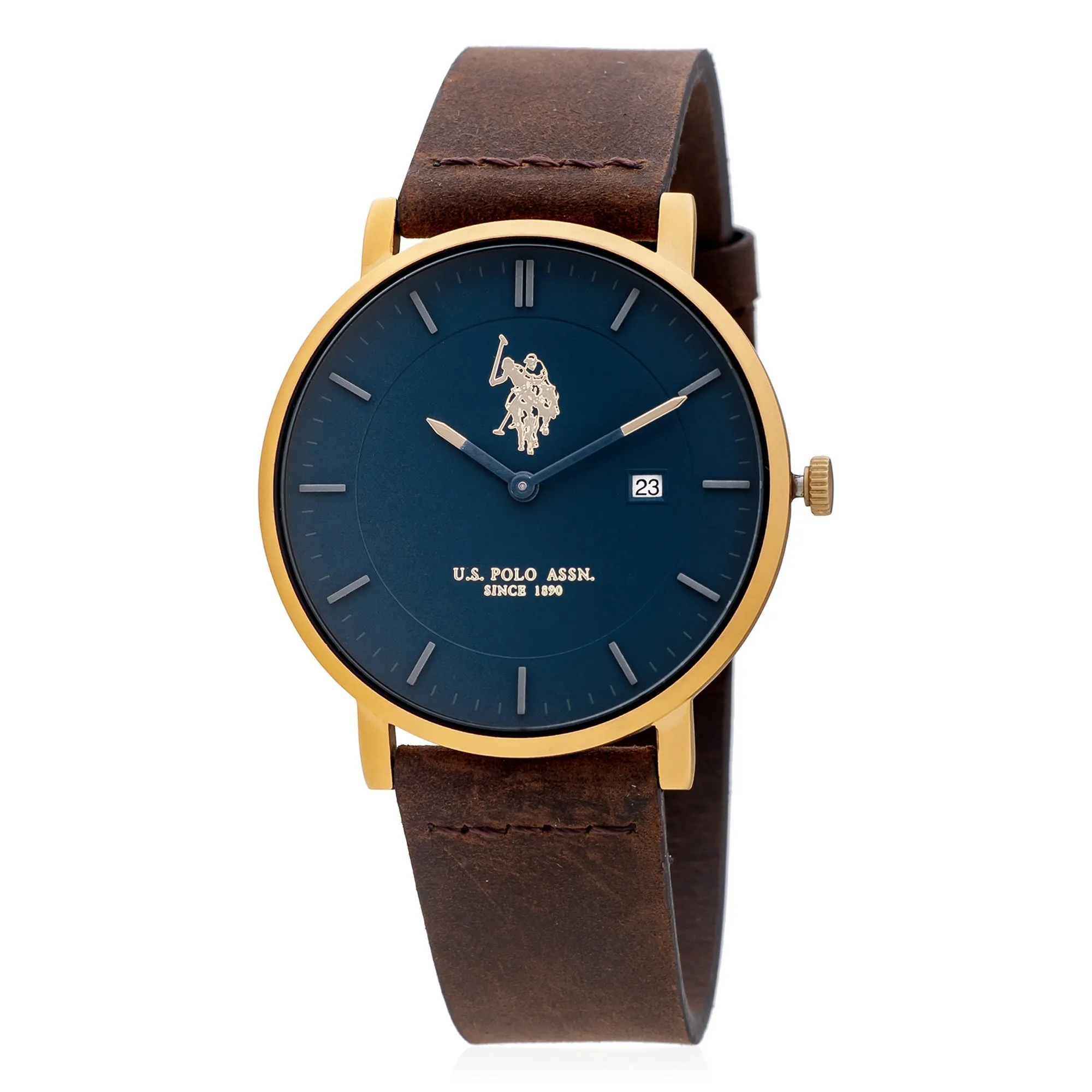 US POLO ASSN. MEN'S  BLACK LEATHER STRAP WITH STAINLESS STEEL BUCKLE