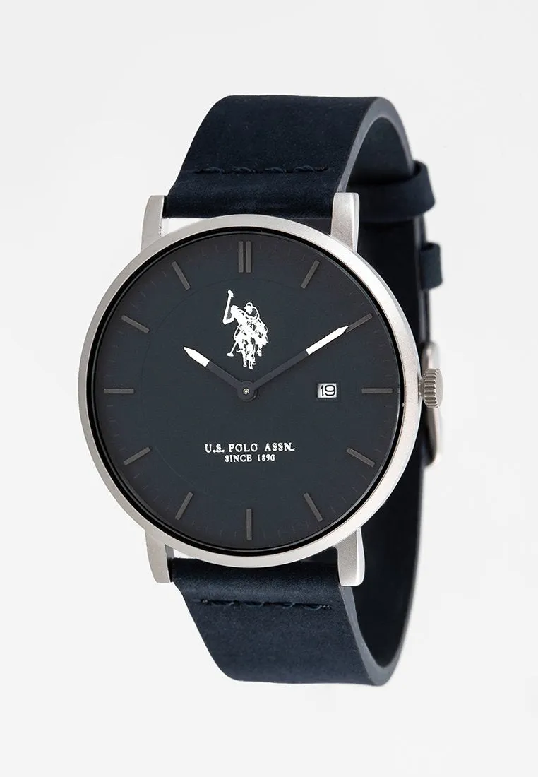 US POLO ASSN. MEN'S  BLACK LEATHER STRAP WITH STAINLESS STEEL BUCKLE