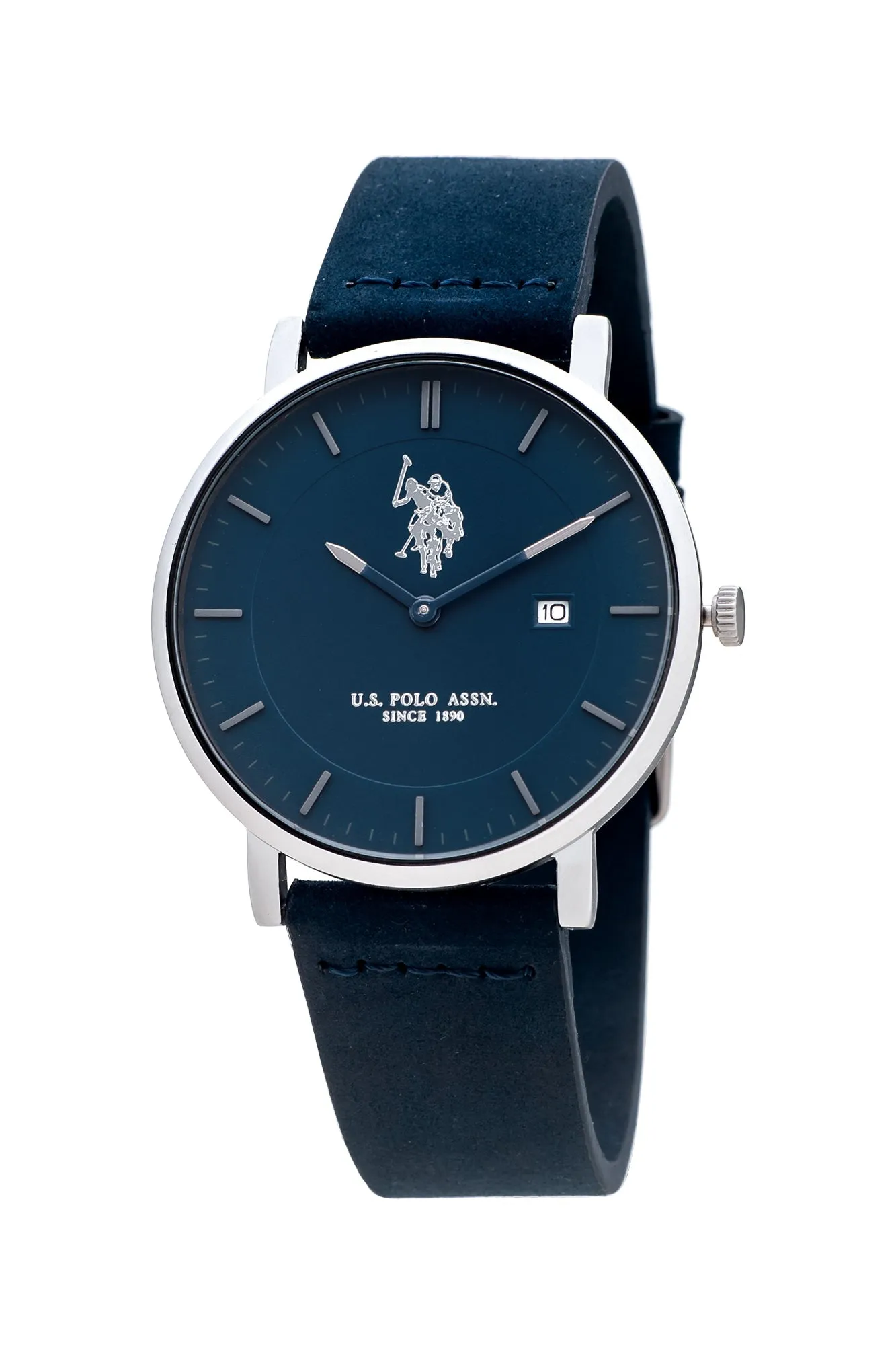 US POLO ASSN. MEN'S  BLACK LEATHER STRAP WITH STAINLESS STEEL BUCKLE