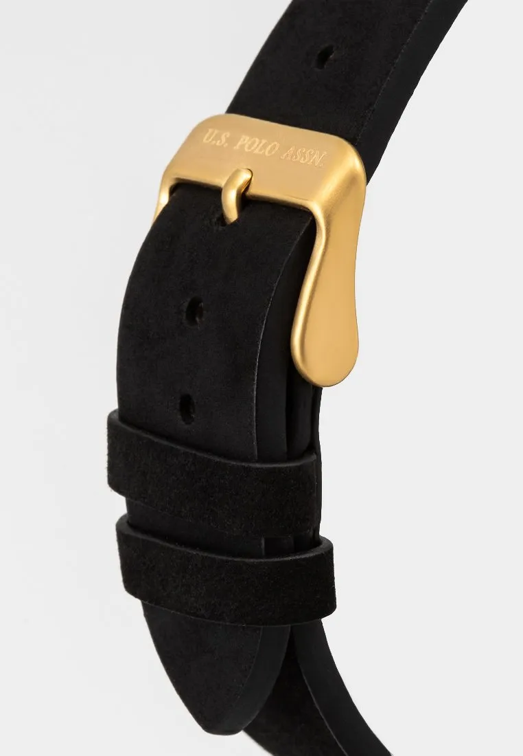 US POLO ASSN. MEN'S  BLACK LEATHER STRAP WITH STAINLESS STEEL BUCKLE