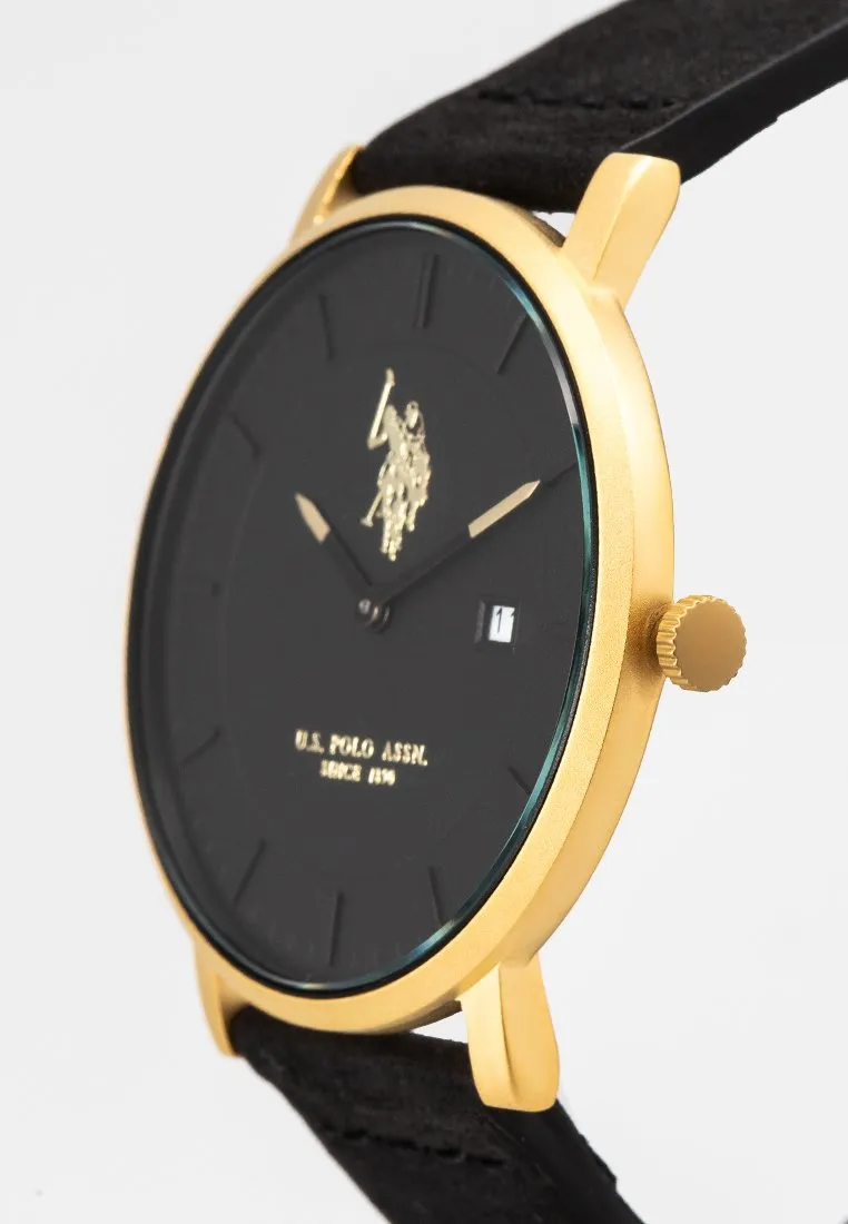US POLO ASSN. MEN'S  BLACK LEATHER STRAP WITH STAINLESS STEEL BUCKLE