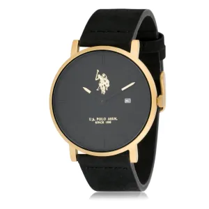 US POLO ASSN. MEN'S  BLACK LEATHER STRAP WITH STAINLESS STEEL BUCKLE