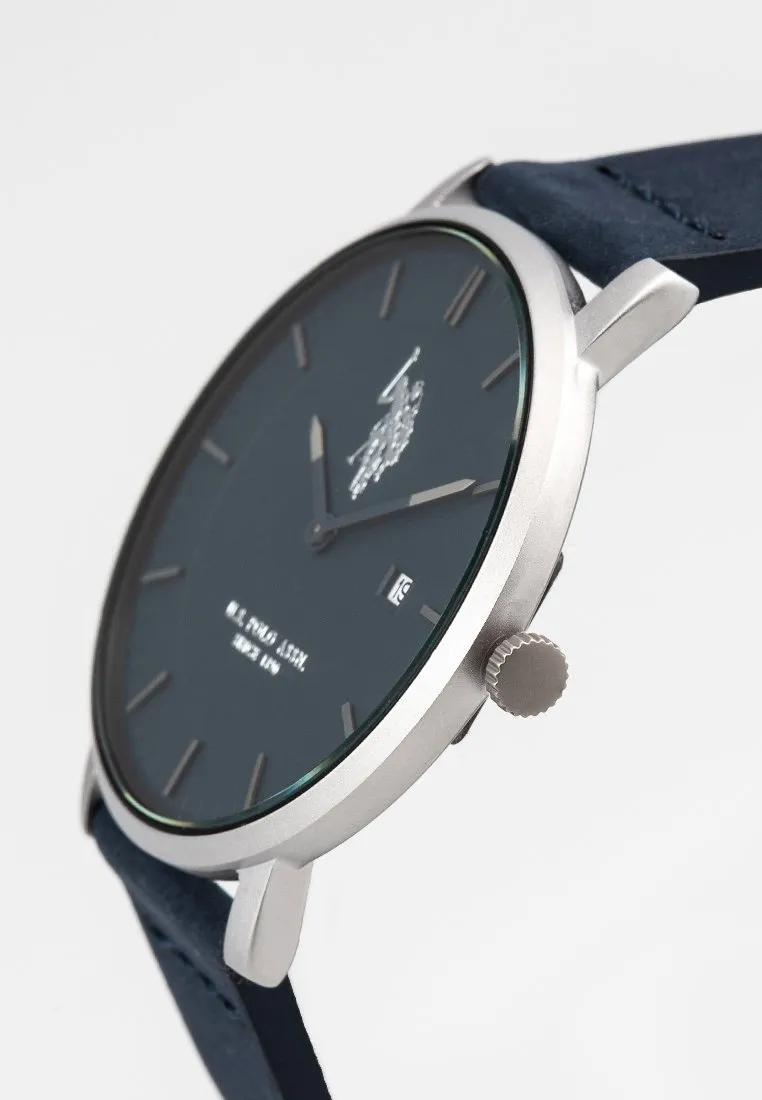 US POLO ASSN. MEN'S  BLACK LEATHER STRAP WITH STAINLESS STEEL BUCKLE