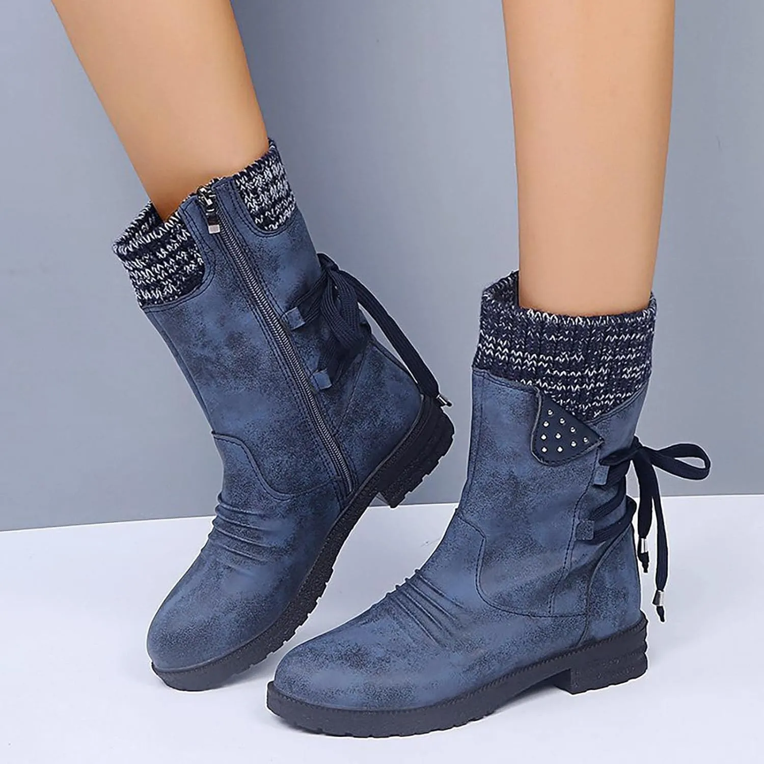 Women Ankle Boots Western Cowboy Booties Retro Suede Lace-up Side Zipper Casual Shoes Low Heels Non-slip Calf Boot