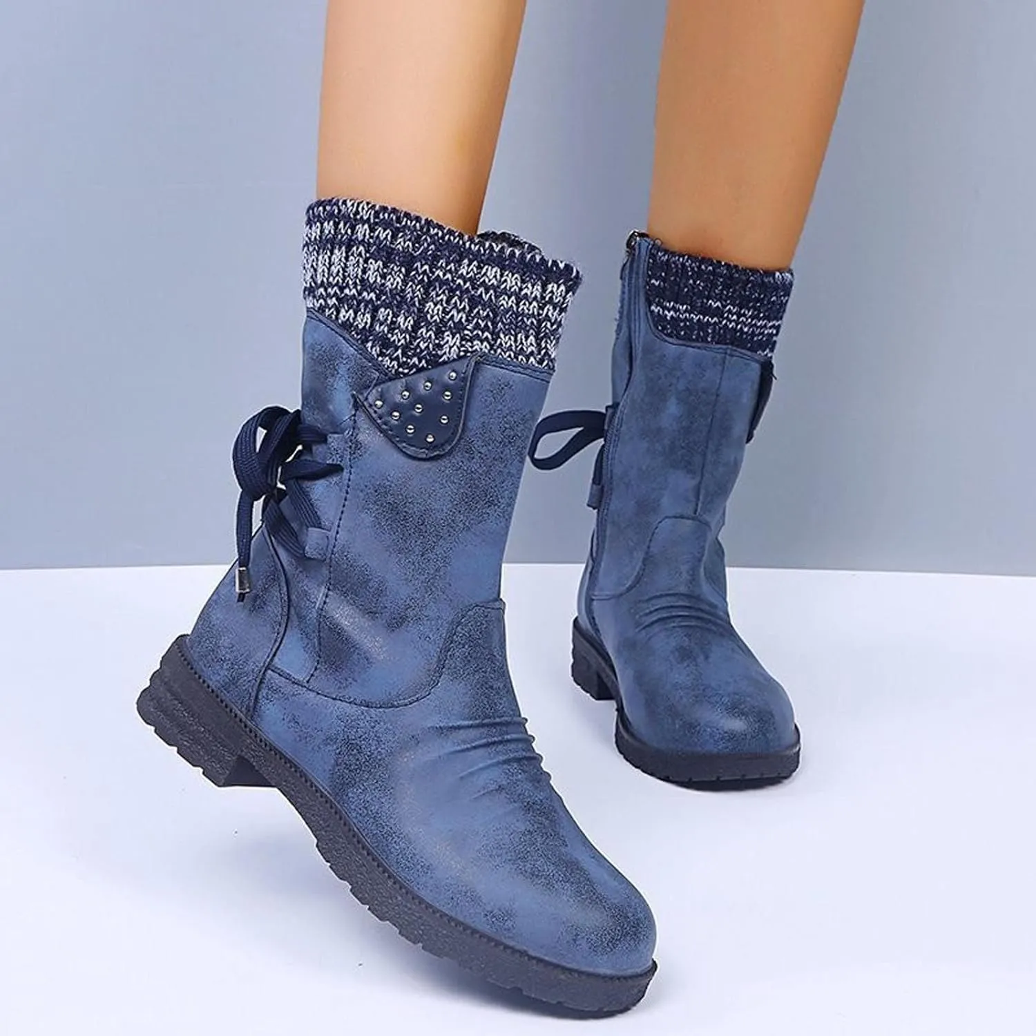 Women Ankle Boots Western Cowboy Booties Retro Suede Lace-up Side Zipper Casual Shoes Low Heels Non-slip Calf Boot