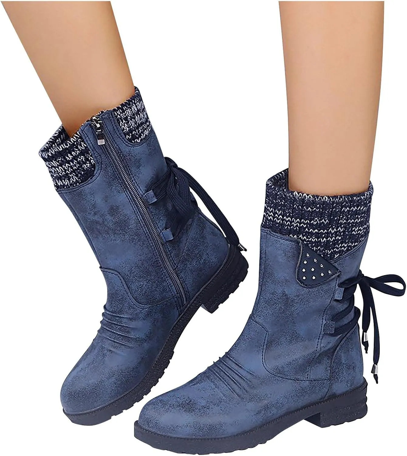 Women Ankle Boots Western Cowboy Booties Retro Suede Lace-up Side Zipper Casual Shoes Low Heels Non-slip Calf Boot