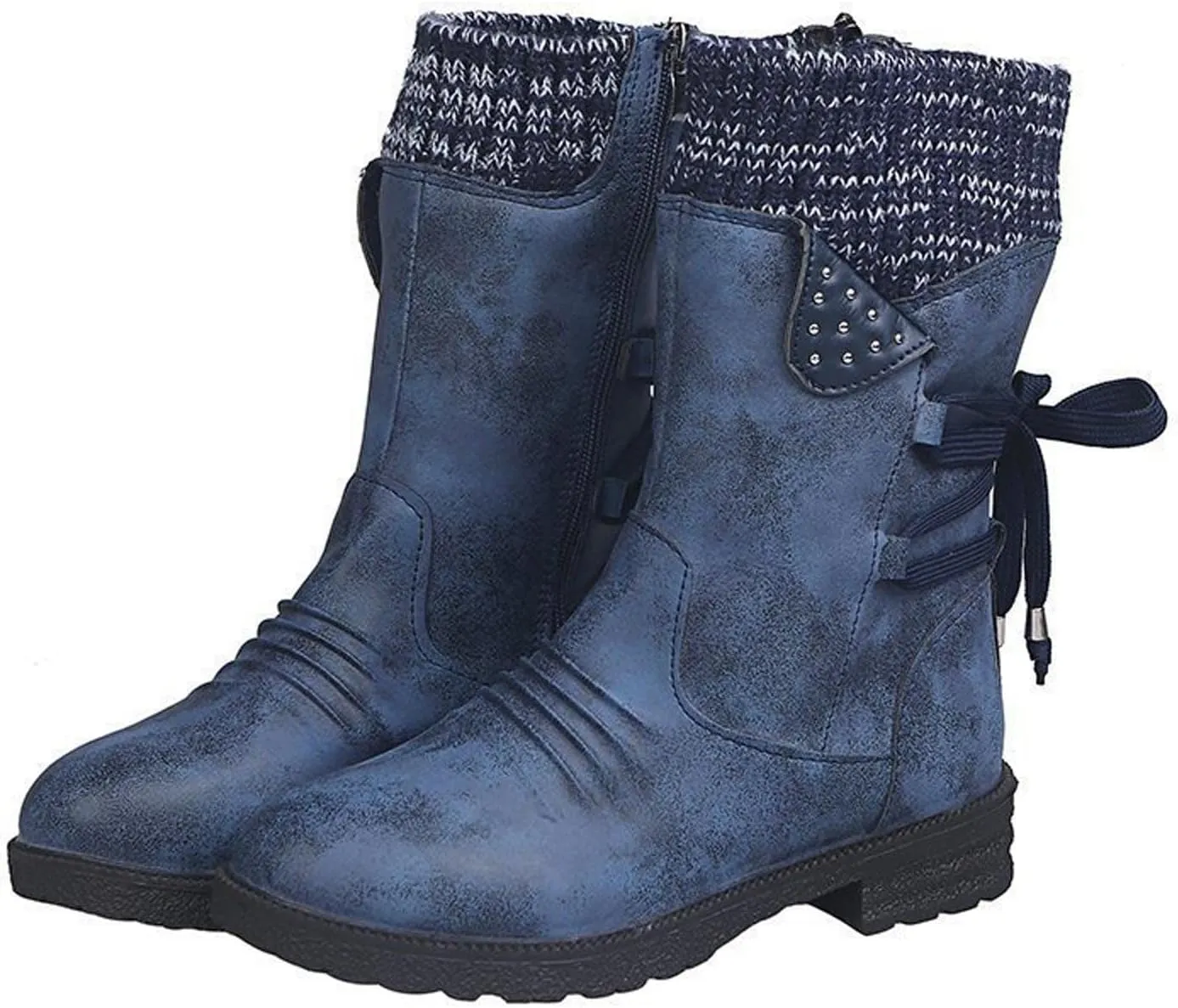 Women Ankle Boots Western Cowboy Booties Retro Suede Lace-up Side Zipper Casual Shoes Low Heels Non-slip Calf Boot