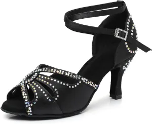 Women's Latin Dance Shoes Satin Open Toe Sparkling Rhinestones Professional Salsa Bachata Ballroom Dancing Shoes,Model QRX-XZ2230