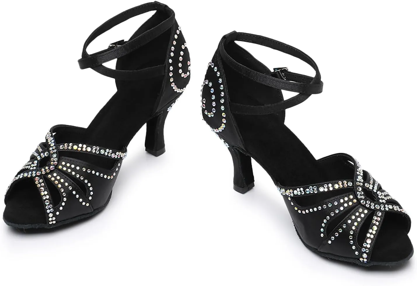 Women's Latin Dance Shoes Satin Open Toe Sparkling Rhinestones Professional Salsa Bachata Ballroom Dancing Shoes,Model QRX-XZ2230
