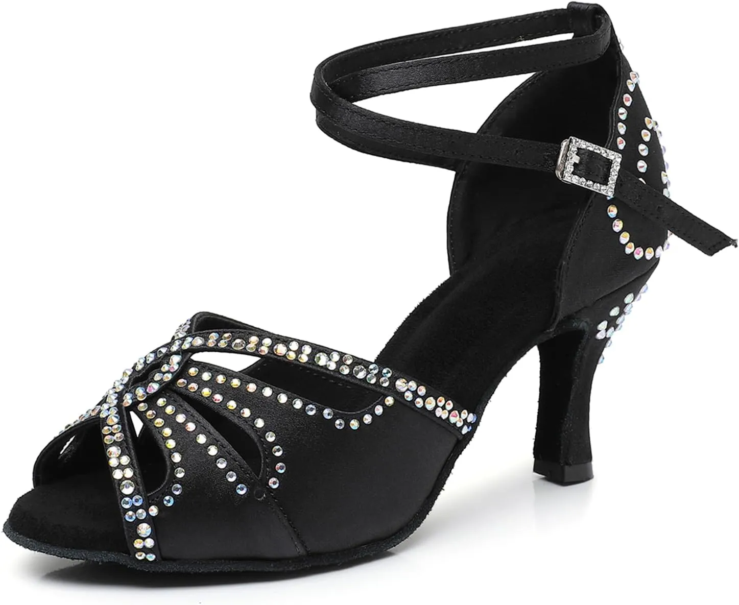 Women's Latin Dance Shoes Satin Open Toe Sparkling Rhinestones Professional Salsa Bachata Ballroom Dancing Shoes,Model QRX-XZ2230