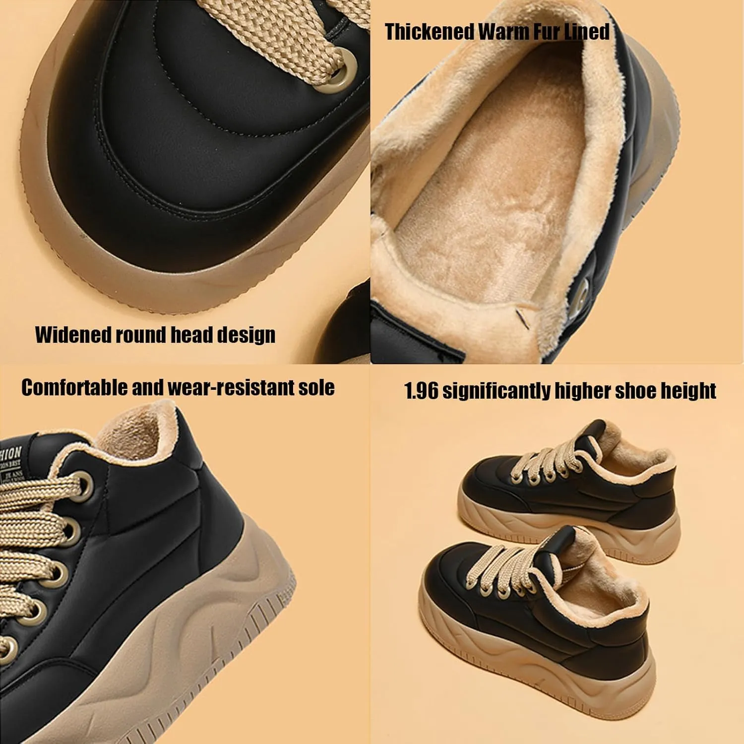 Women's Waterproof Leather Fur Lined Warm Platform Walking Sneakers,Non-Slip Lace Up Soft Sole Increase Height Shoes Outdoor Hiking Workout Driving Shoes