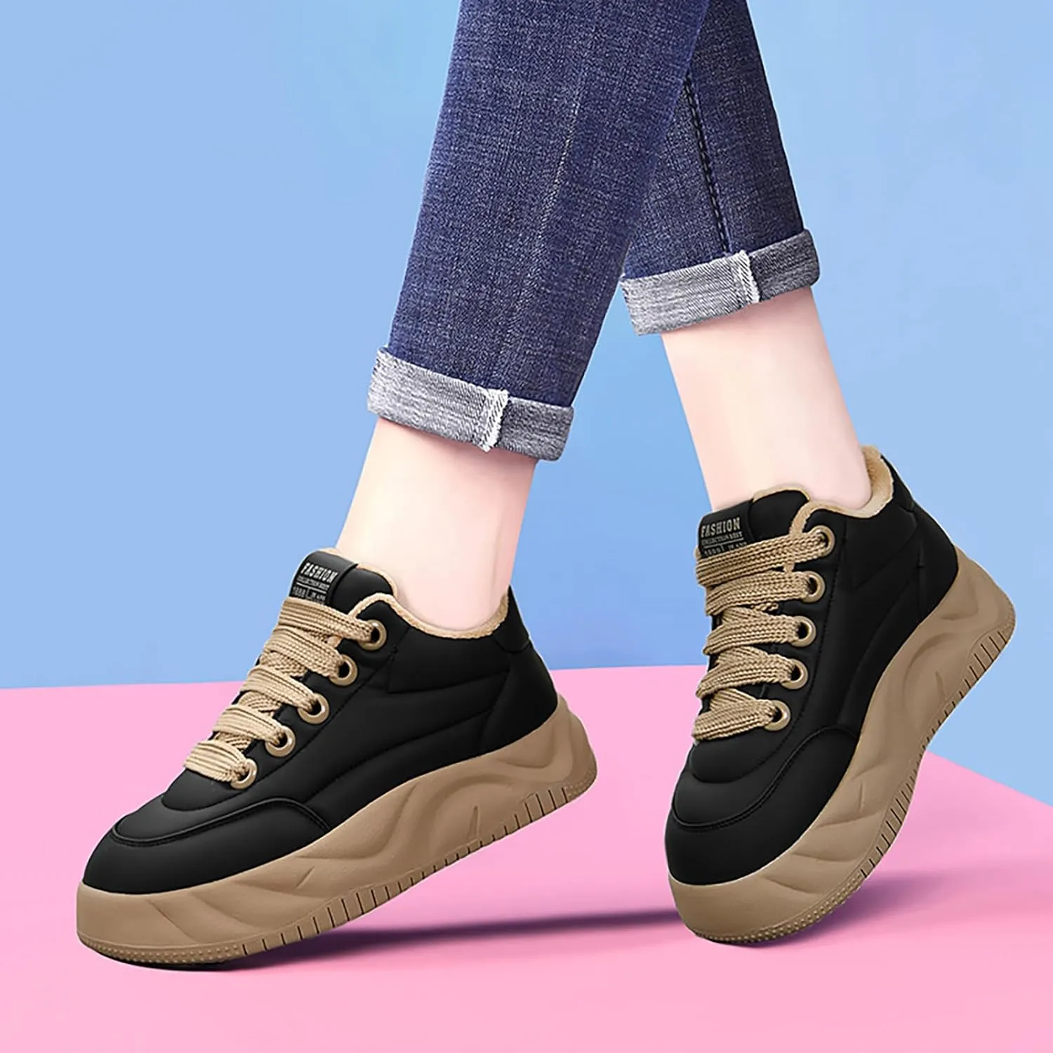 Women's Waterproof Leather Fur Lined Warm Platform Walking Sneakers,Non-Slip Lace Up Soft Sole Increase Height Shoes Outdoor Hiking Workout Driving Shoes