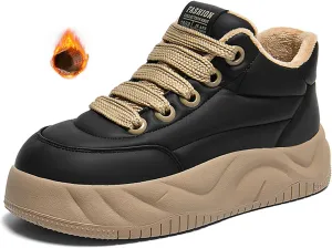 Women's Waterproof Leather Fur Lined Warm Platform Walking Sneakers,Non-Slip Lace Up Soft Sole Increase Height Shoes Outdoor Hiking Workout Driving Shoes