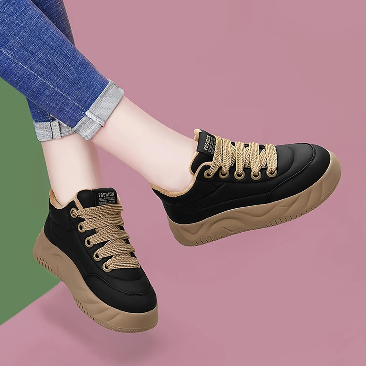 Women's Waterproof Leather Fur Lined Warm Platform Walking Sneakers,Non-Slip Lace Up Soft Sole Increase Height Shoes Outdoor Hiking Workout Driving Shoes
