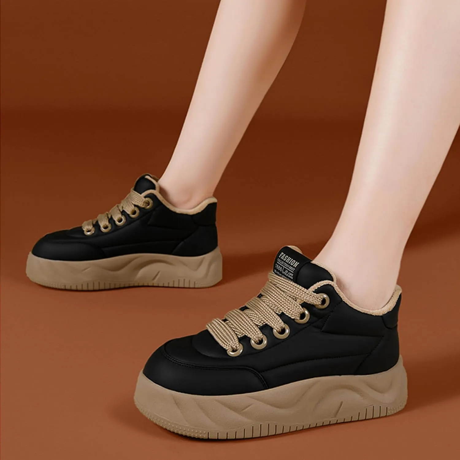 Women's Waterproof Leather Fur Lined Warm Platform Walking Sneakers,Non-Slip Lace Up Soft Sole Increase Height Shoes Outdoor Hiking Workout Driving Shoes