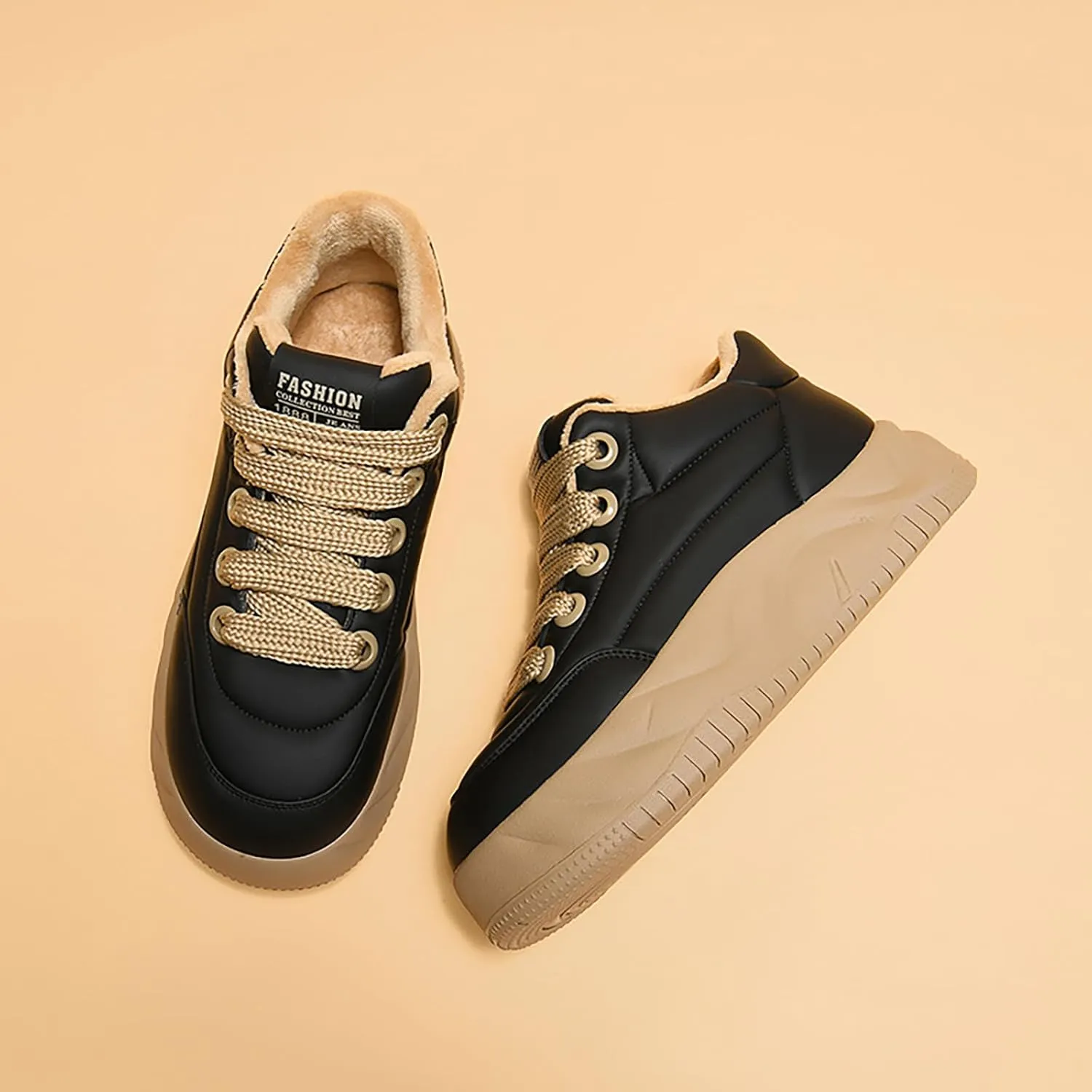 Women's Waterproof Leather Fur Lined Warm Platform Walking Sneakers,Non-Slip Lace Up Soft Sole Increase Height Shoes Outdoor Hiking Workout Driving Shoes